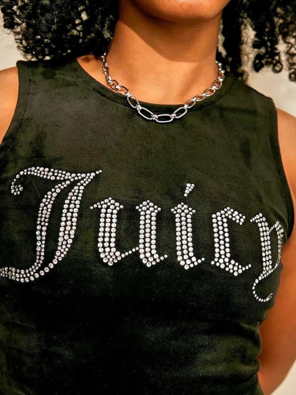 Juicy Couture Velour Rhinestone Logo Mock Neck Tank Top Black Medium